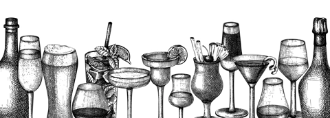 Vector bar design with hand-sketched alcoholic drinks illustration. Vintage bottles and glasses sketch background. Alcoholic beverages retro banner template isolated on white background